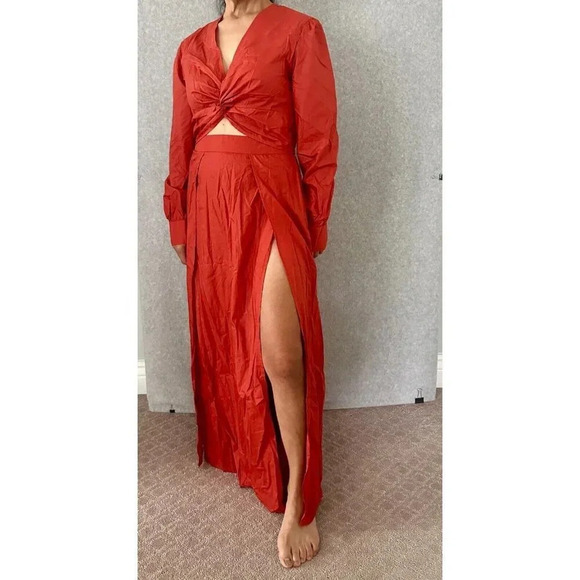 Womens V-Neck Long Sleeve Double Slit Maxi Dress Size Medium Burnt Orange - Picture 4 of 7